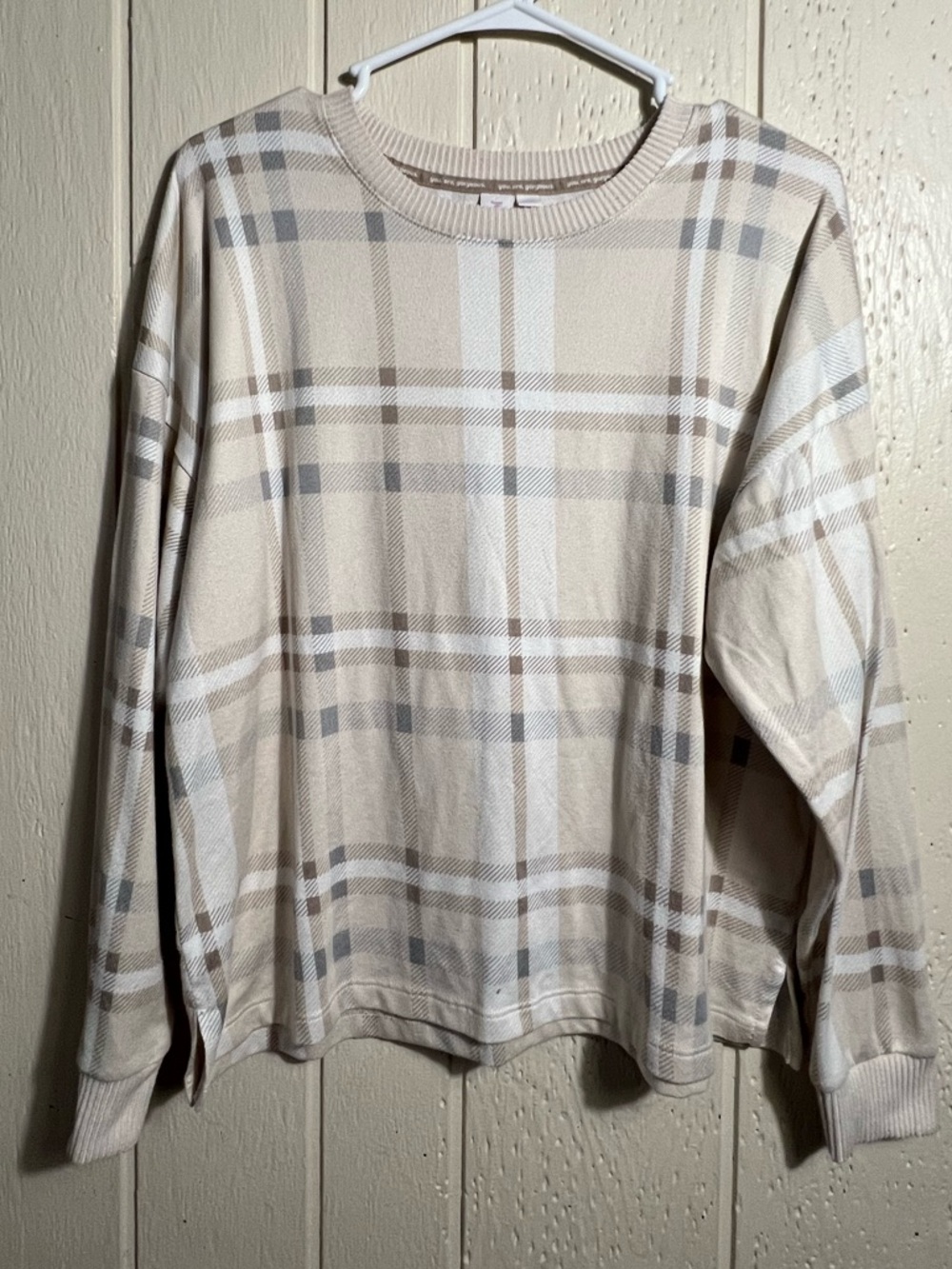 Classic Plaid Long-Sleeve Lounge Top in Beige